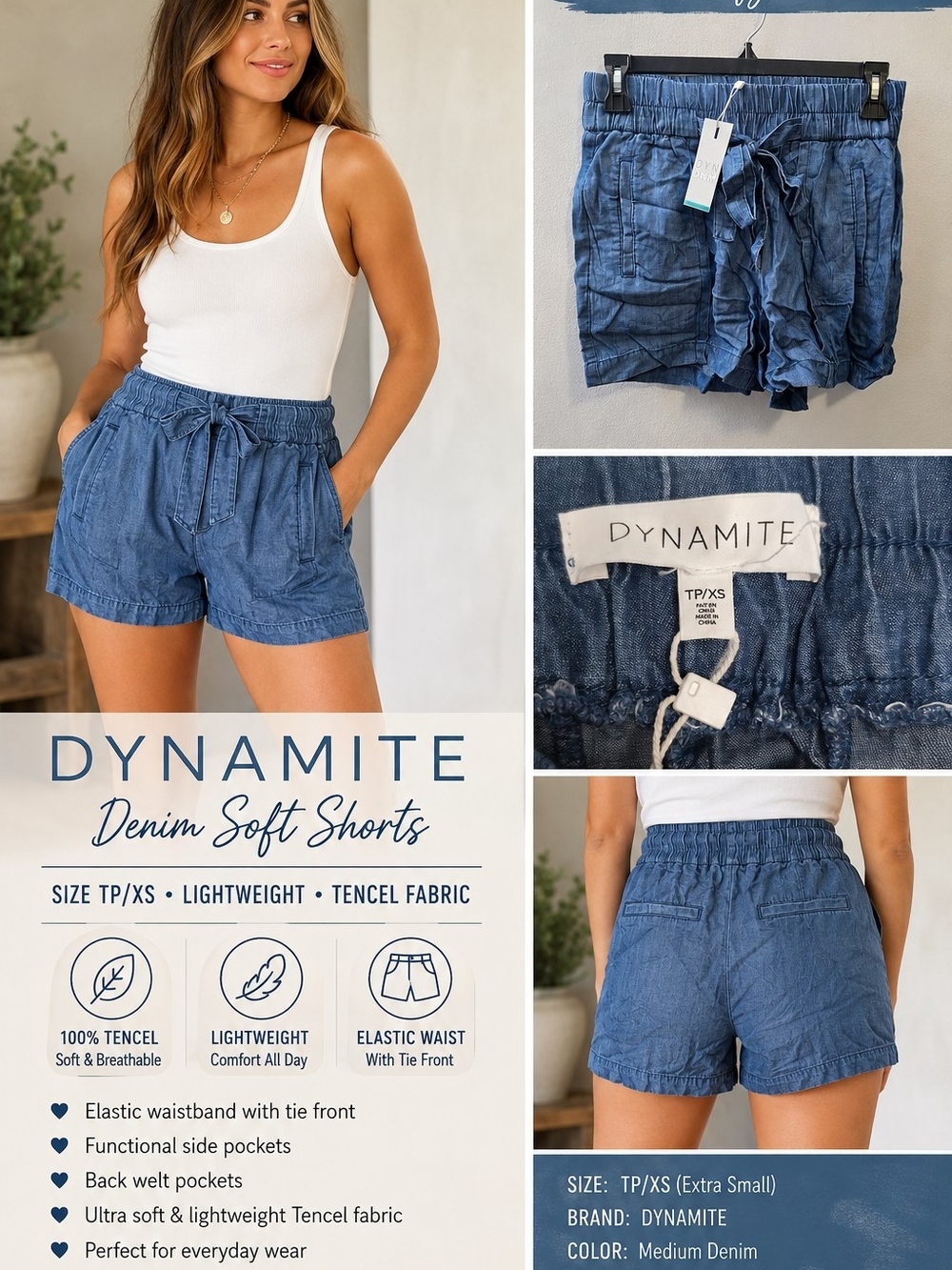 Dynamite Medium Denim Blue High-Waist Soft Shorts